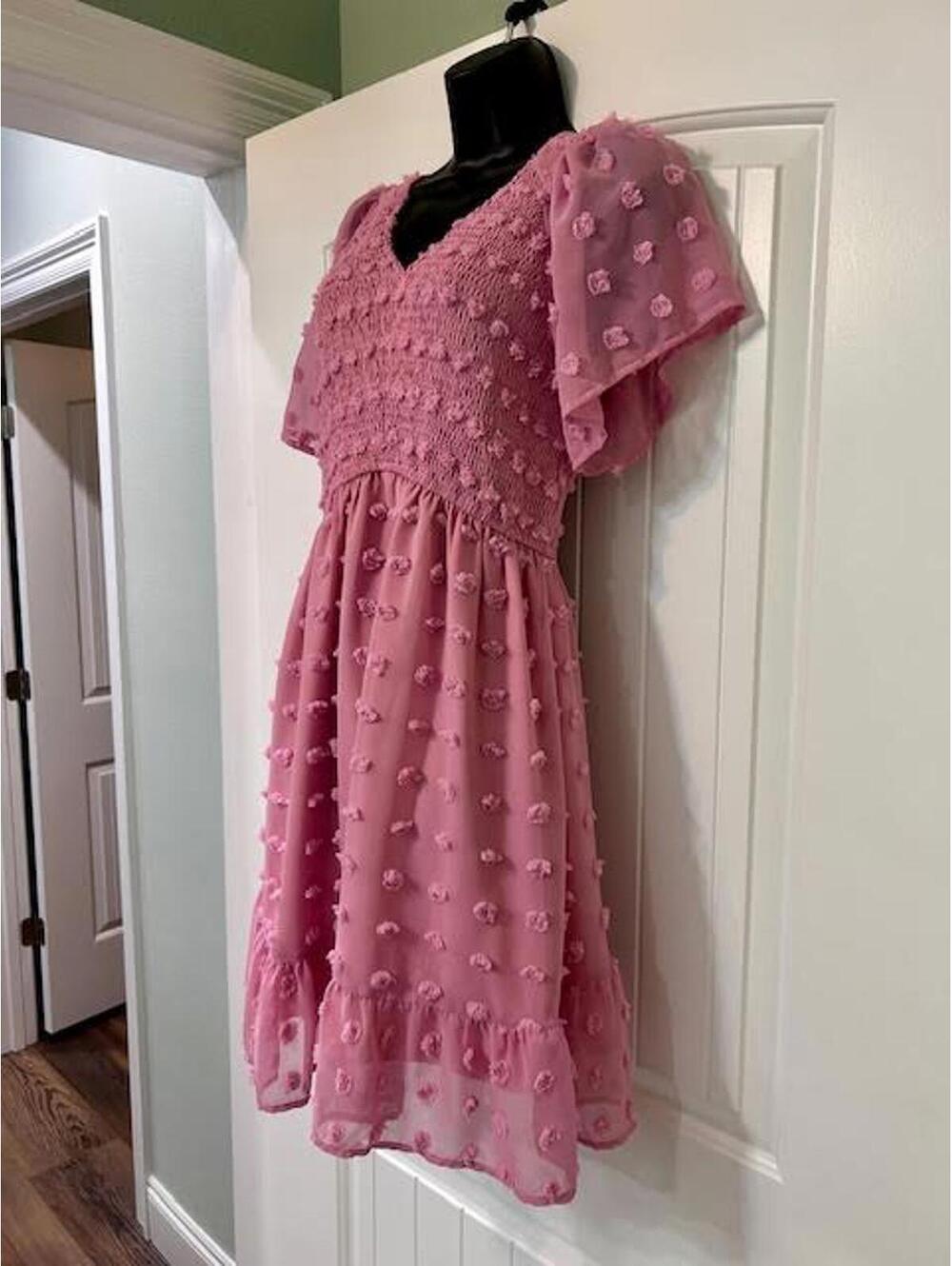 Pink Clip Dot Sheer Sleeve Dress Medium Sweet and On Trend